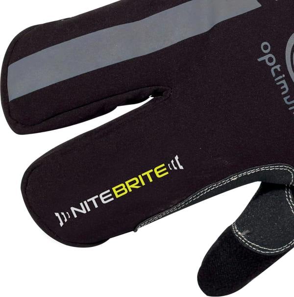 Close-up of black lobster glove back with reflective stripe and yellow NiteBrite logo, on white - Optimum