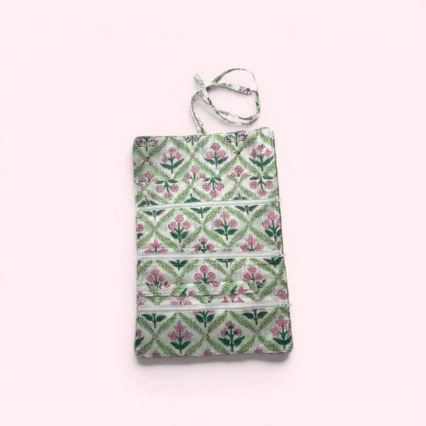 Hayley & Co Cotton Jewellery Roll - Green and Pink Block Print Floral