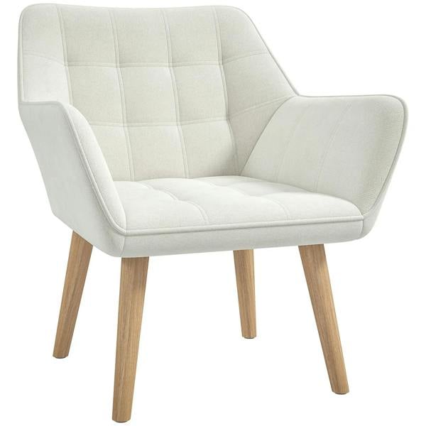 Cream upholstered armchair with wide arms, slanted back, thick padding, and wooden legs