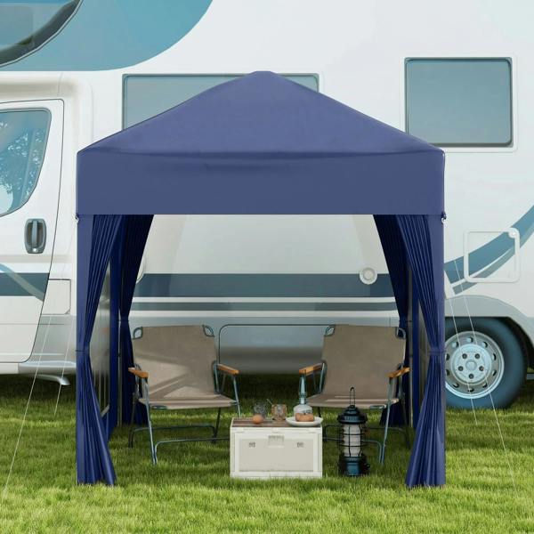 Blue pop-up gazebo canopy with hanging curtains and open entrance