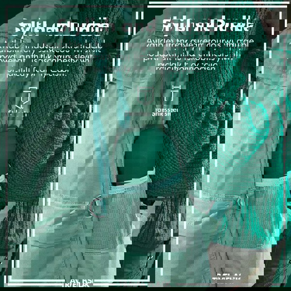 Stainless steel travel flask sits in a backpack's mesh pocket beside a person wearing a thick sweater. Text reads Stylish and Durable Available in trendy designer colours with durable powder paint this flask combines style with practicality for any occasion. Travel Flask