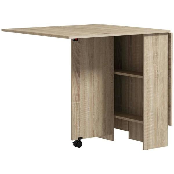 Natural wood drop-leaf dining table with open side shelves and rolling casters