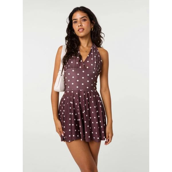 Pink Vanilla Polka Dot Slinky Halter Neck Dress