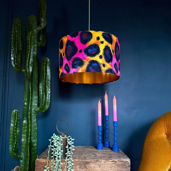 Electric Leopard Print in pink and yellow Velvet Lampshade with Gold Lining from Love Frankie. Handmade Leopard Print lampshades available in 12 sizes.