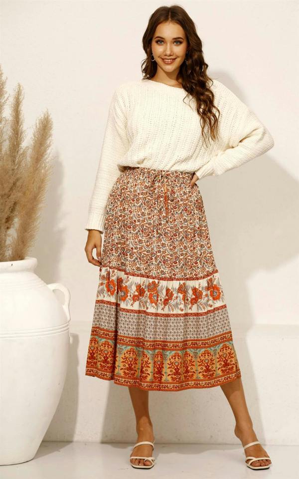 FS Collection Orange Paisley Print Smocked Tiered Midi Skirt