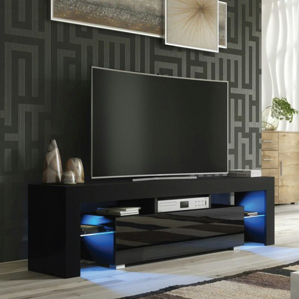 Mex Furniture 160cm TV Unit – Modern TV Stand Cabinet with Black High Gloss and Free LED