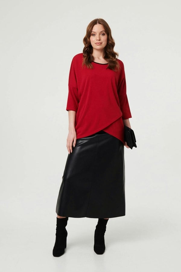 Red | Asymmetric Zip Hem 3/4 Sleeve Tunic Top
