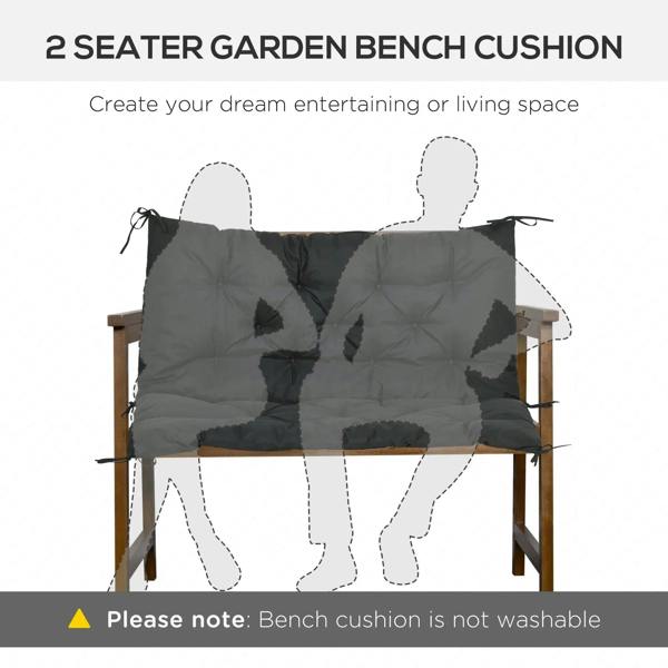 Black 2 seater garden bench cushion pad with backrest and tie strings, on bench