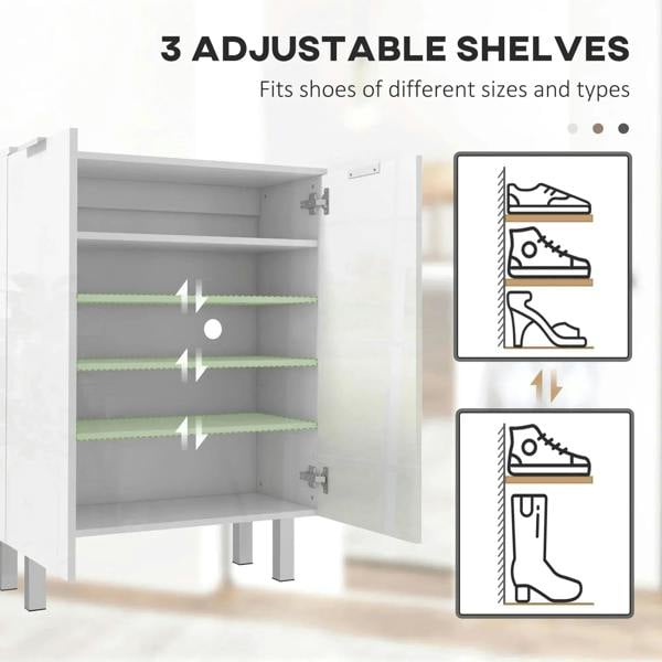 White shoe cupboard interior with three adjustable shelves behind two doors