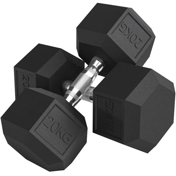 Black rubber hex dumbbells with knurled metal handle and embossed weight numbers