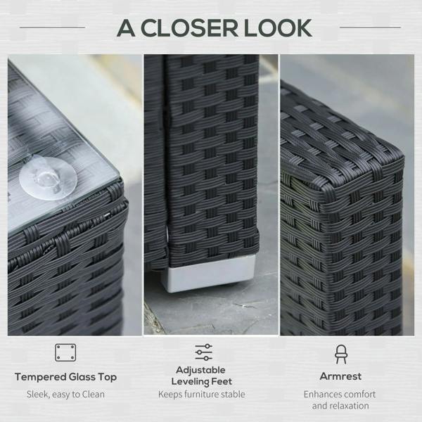 Black rattan sofa set details: tempered glass table top and adjustable legs