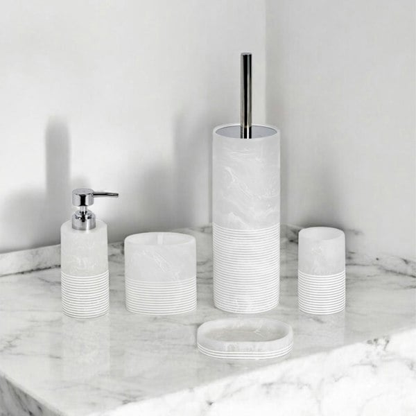 Showerdrape Bianco Frost Onyx White Striped 5 Piece Bathroom Accessory Set