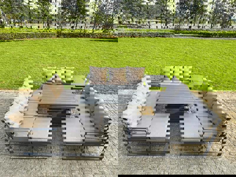 Fimous 11 Seater Aluminum Garden Furniture Set with Adjustable Rising Dining Table, 3 Sofas, 2 Footstools & Side Table - Grey