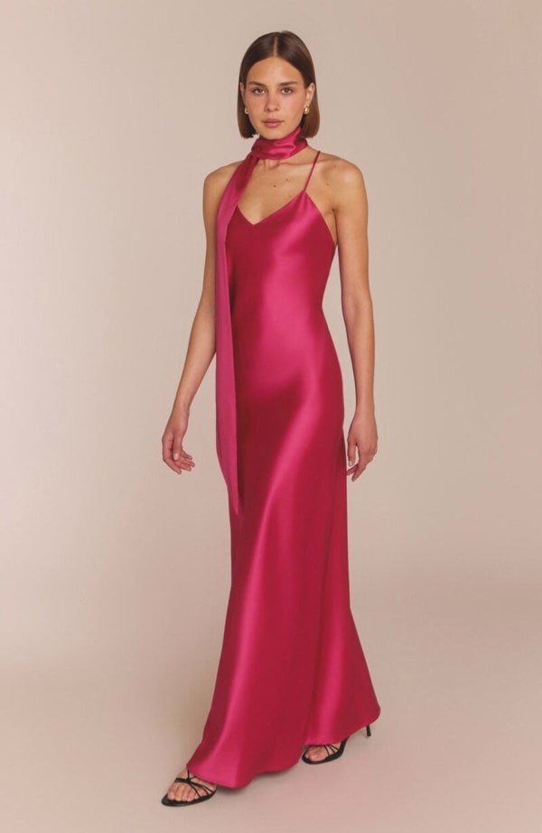 Rewritten London Brooklyn Dress in Hot Pink Satin
