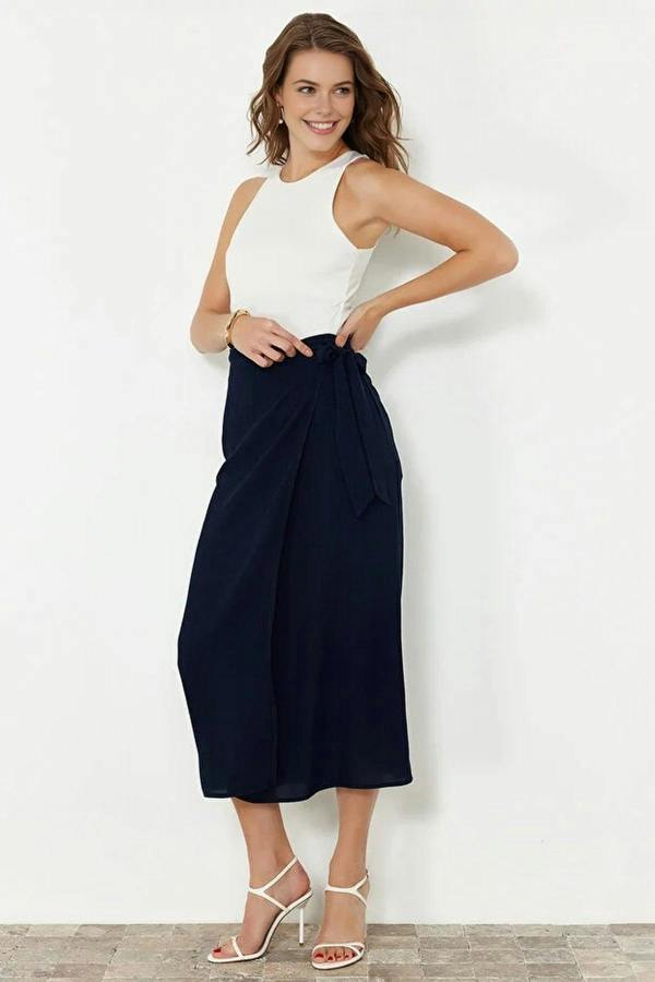 WOVCOR Double Breasted Maxi Length Woven Skirt with Tie Detail