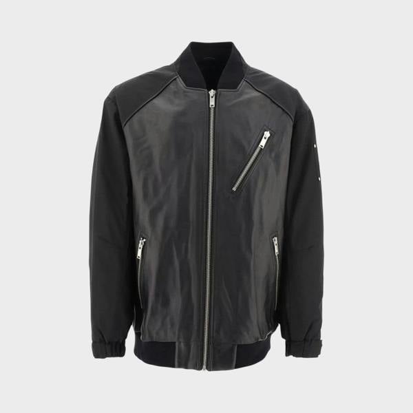 Supplied Fashion Anica black leather bomber jacket with front zip pockets and ribbed trim for a modern fit.