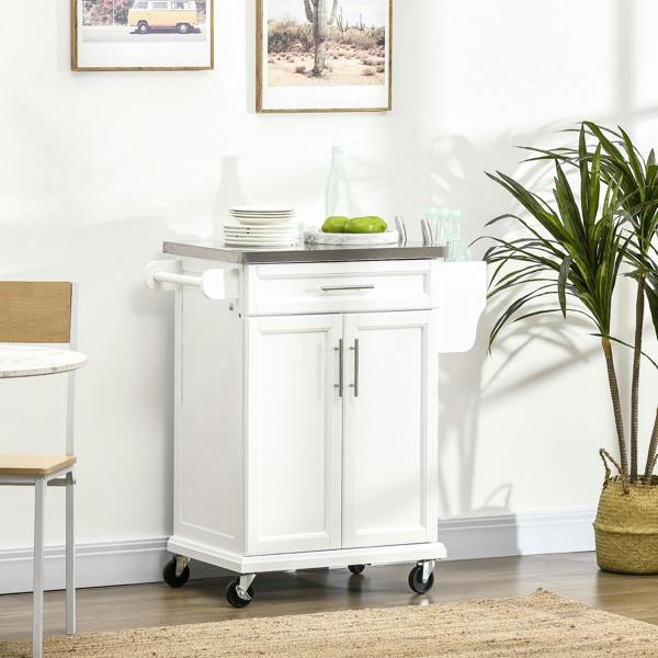 HOMCOM Rolling Kitchen Cart Storage Trolley with Drawer Towel Rail Steel - White