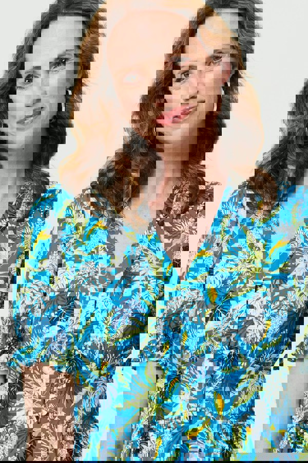 Blue | Leaf Print Short Sleeve Shirt Midi Dress
