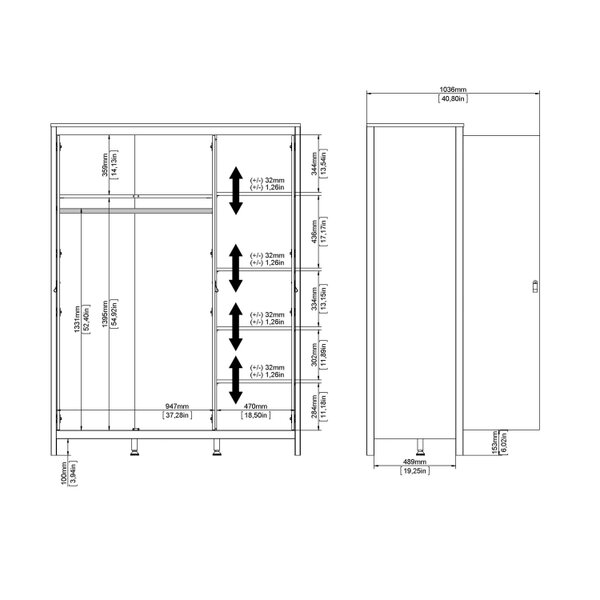 Wyld Haus Gossmere White Wooden Wardrobe 3 Doors Silver Handles