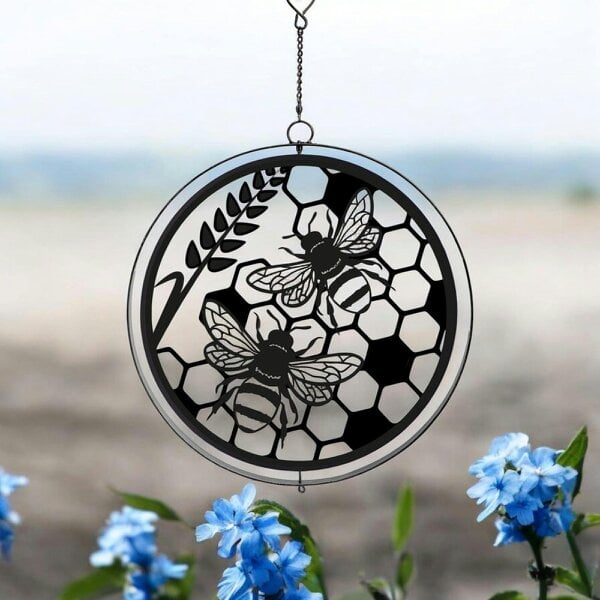 EDH Door Hardware Black Metal Honey Bees Hanging Silhouette Orbit Spinner – 39cm x 23cm | Outdoor & Indoor Wind Spinner for Garden, Patio & Home Décor