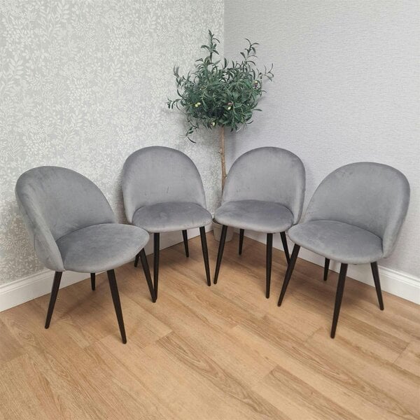 Kosy Koala Set of 4 Grey Velvet Dining Chairs with Curved Backrests & Black Metal Legs, 77x44x59 cm