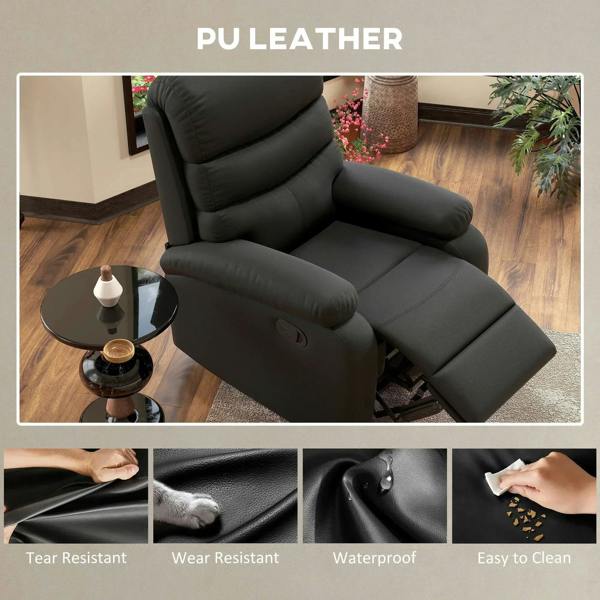Black PU leather manual recliner chair with armrest control and pull-out footrest