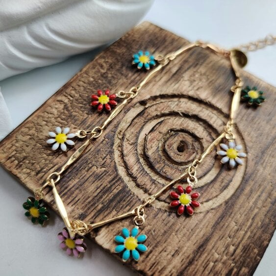 The Colourful Aura Colourful Rainbow Sun Flower Charms Indie Boho Daisy Floral Summer Anklet