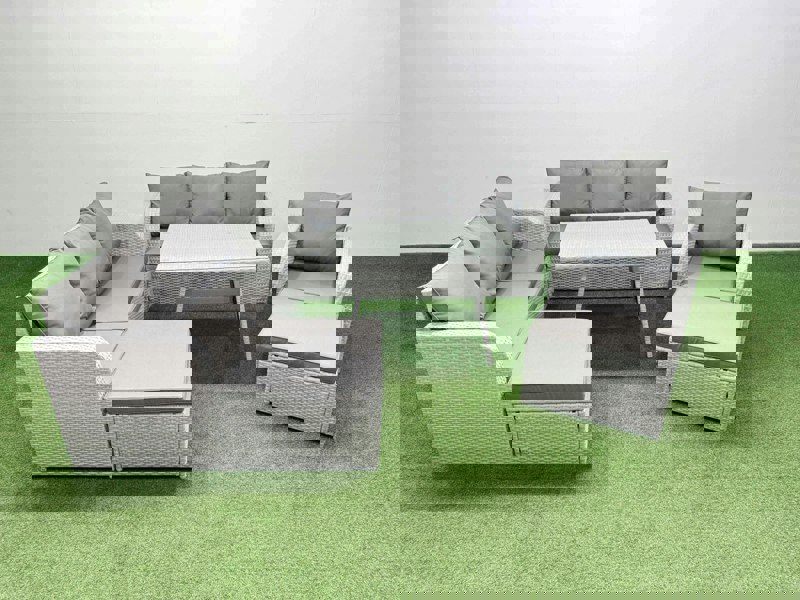 Fimous 6 Pieces Outdoor PE Rattan Garden Furniture with Cushions Reclining Chair 2 Big Stools Light Grey