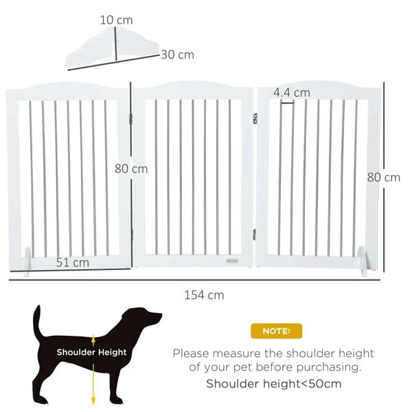 White folding dog gate shown with measurements, vertical bar panels, and support feet