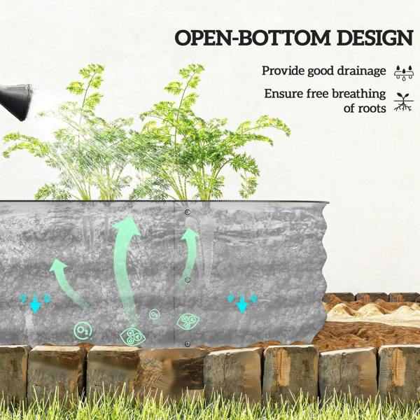 Gray galvanized metal raised garden bed with open-bottom design for drainage