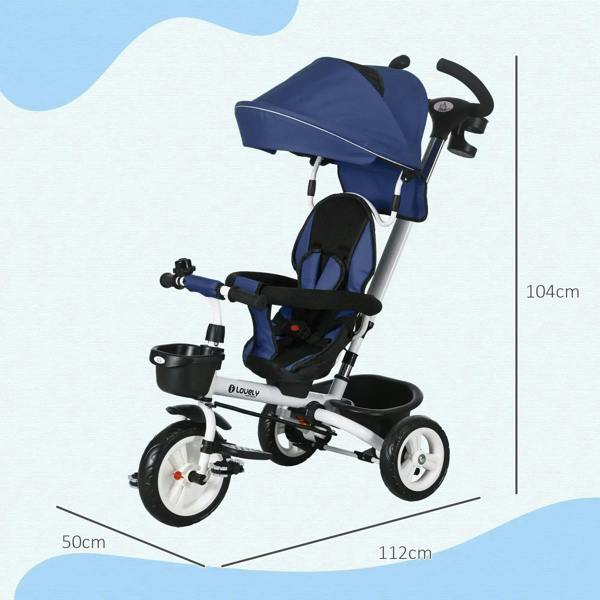 Dark blue 3-wheel baby tricycle stroller with canopy, front tray, and parent handle