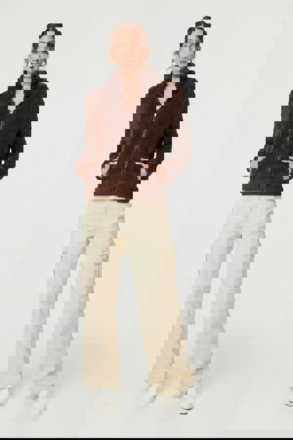 Brown | Soft Texture Zip Front High Neck Fleece
