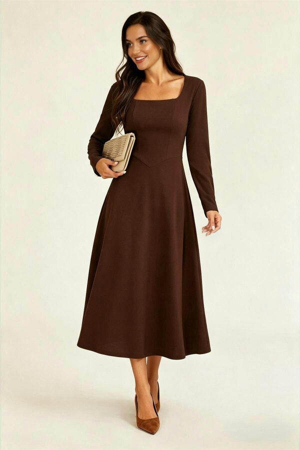 FS Collection Square Neck Long Sleeve Fit & Flare Midi Dress Espresso