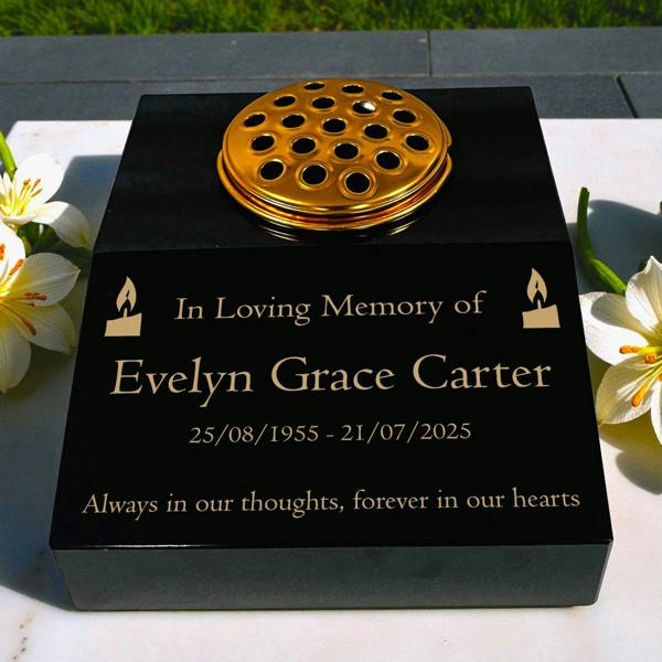 Memorials Direct Black Granite Sloping Memorial Desk with Vase – Candle Design, Free Gold Engraving
