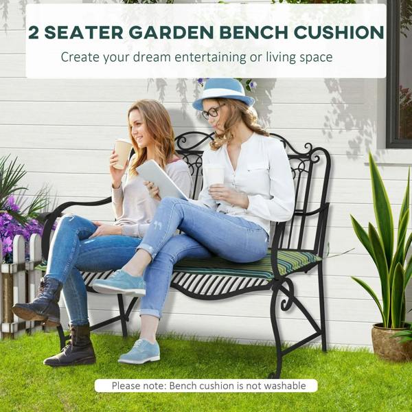 Green and teal striped bench cushion set for outdoor seating, secure tie design