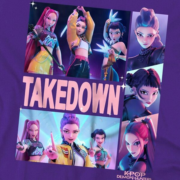 K-Pop Demon Hunters Childrens/Kids Huntrix Takedown Character Panels T-Shirt - Purple