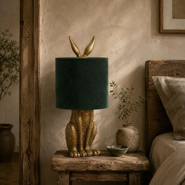 Wyld Haus Belves Antique Gold Hare Table Lamp With Green Velvet Shade