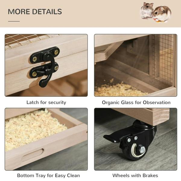 Wooden rodent cage features: security latch, clear observation panel, and wheeled base