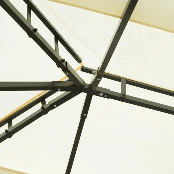 Cream gazebo roof frame joint with black steel braces and canopy supports