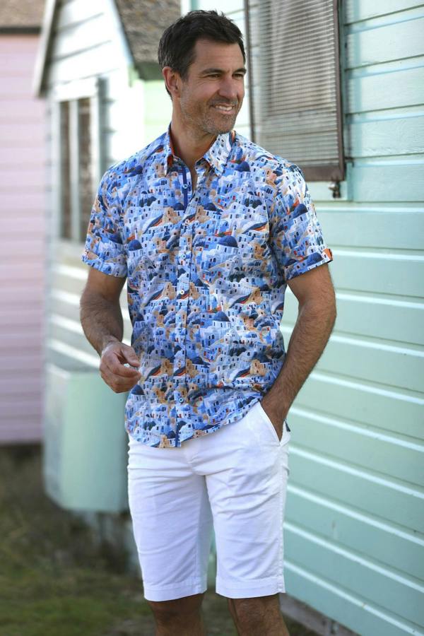 ESCAPE TO SANTORINI PRINTED SHORT SLEEVE SHIRT – Premium Men's Patterned Shirt by Claudio Lugli | Bold Design, Tailored Fit, Best Printed Shirts
