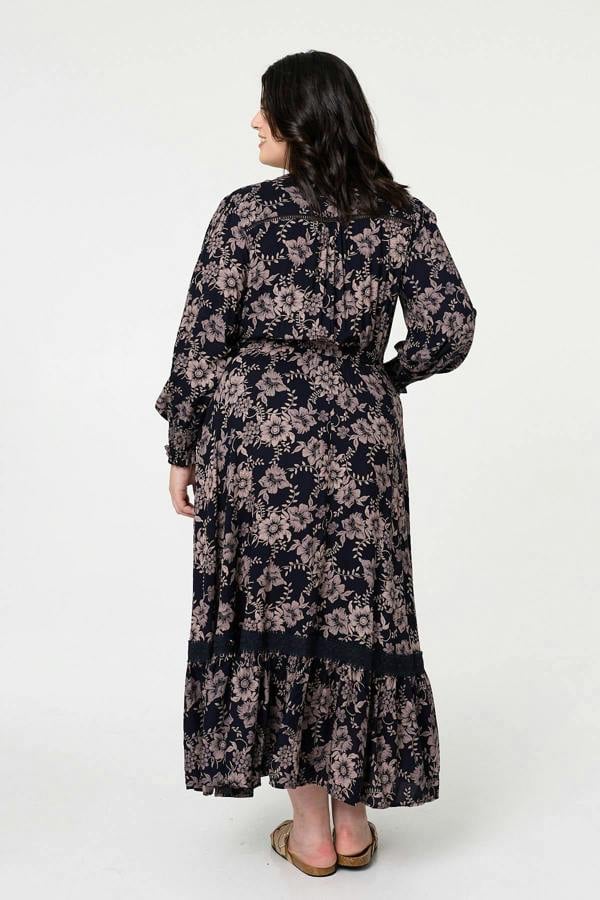 Navy | Curve Floral Lace Long Sleeve Maxi Dress