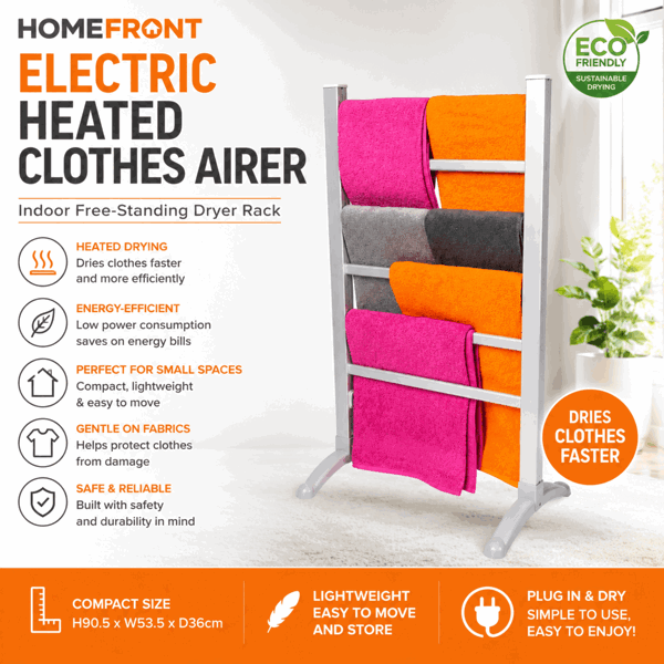 Homefront Electric Heated Clothes Airer Dryer Rack 90W Indoor Free Standing Deluxe Energy Efficient