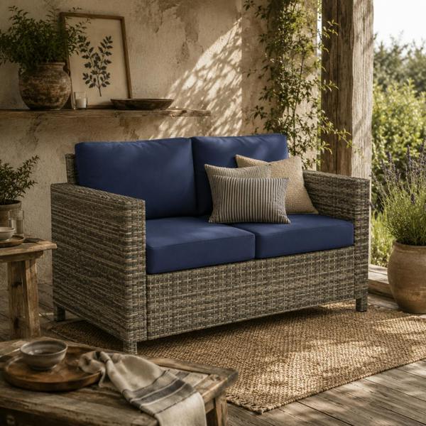 Wyld Haus Vata Rattan Navy Blue 2 Seater Outdoor Sofa with Armrests