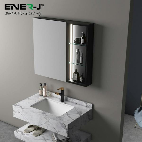 ENER-J Black Aluminum LED Mirror Cabinet - Sleek Rectangular Design, 75x68 cm