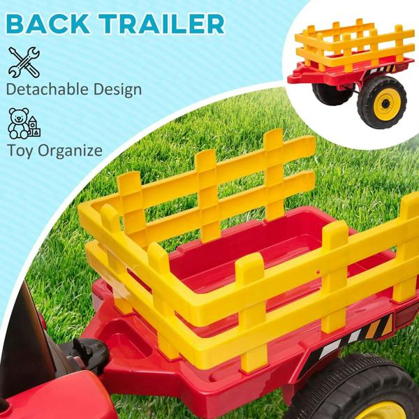 Red ride-on tractor with yellow trailer rails and a red open bed