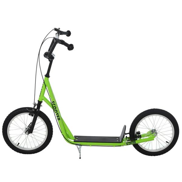 Green kids kick scooter with black handlebars, wide wheels, and metal kickstand