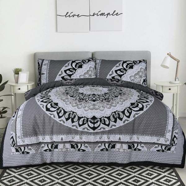 Smart Living Reversible Polycotton Paisley Mandala Duvet Cover and Pillowcase Set - Black