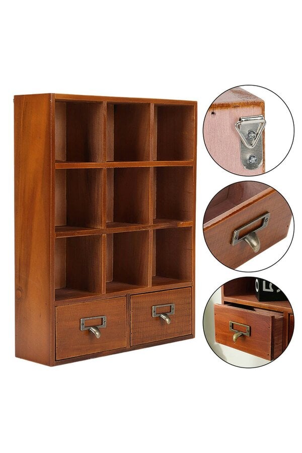 Living and Home ​Retro Cube Wooden Organizer Box with Drawer Vintage Room Decor