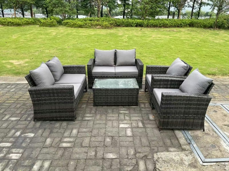 Fimous 6 Seater Dark Grey Mixed High Back Rattan Sofa Set rectangular Coffee Table Garden Furniture Outdoor Patio