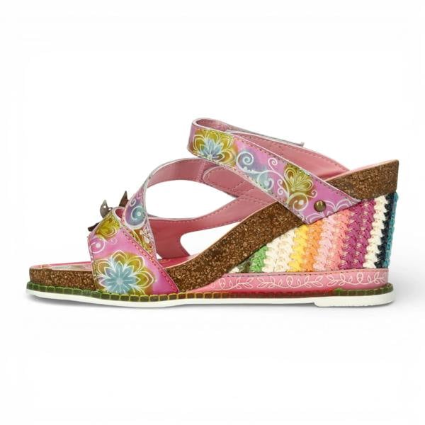Laura Vita Balade 32 - Women's Rose Pink Floral Leather Wedge Sandals